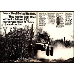 1971 Sears Tire Center Baja Run 2 Page Vintage Print Ad Dune Buggy Race Wall Art